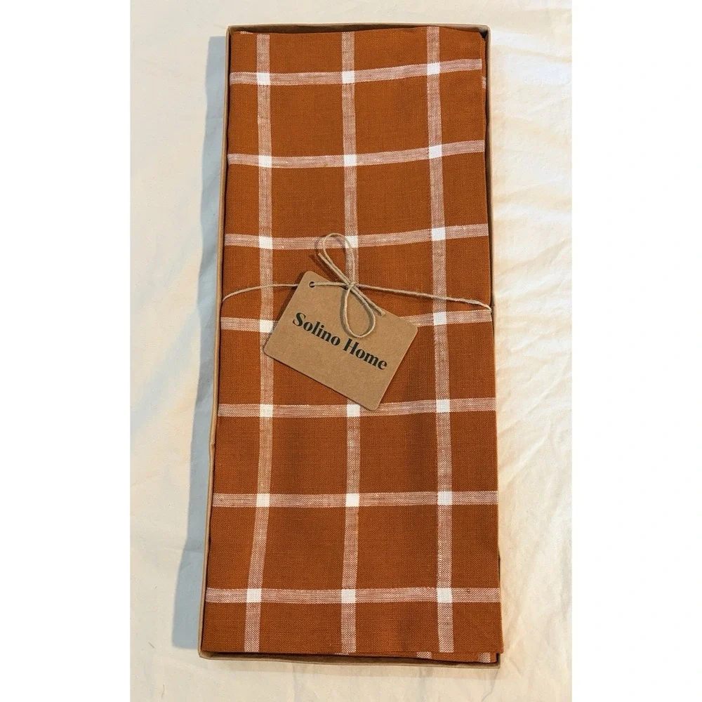 Solino Home 100% Linen Windowpane Table Runner in Cinnamon - 14x72 Inches - NIB